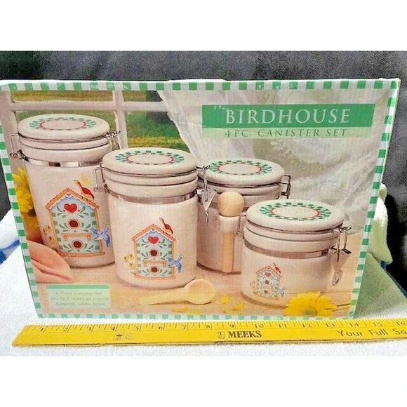 Bird House Stoneware Canister Set Art By Alco Industries Inc New In Box - Picture 2 of 5